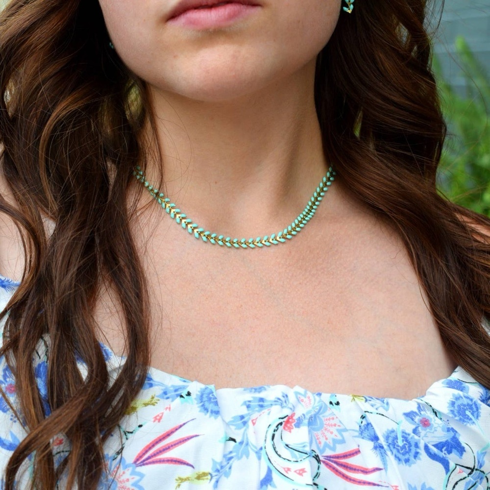 New USA made enamel turquoise leaf necklace bracelet earring set Western boho - Picture 2 of 6